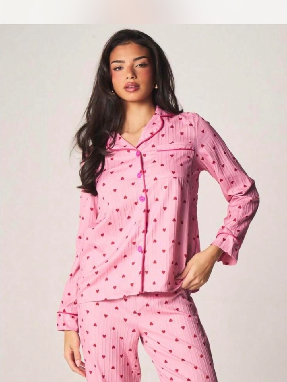 Missguided Pink Heart-Print Two-Piece Pajama Set